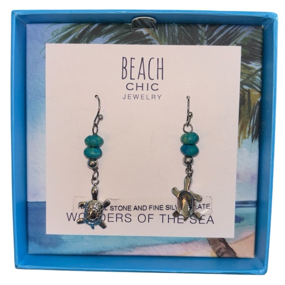 BEACH CHIC HANDMADE JEWELRY Turtle&Turquoise Sterling Silver Plated Earrings NIB - Picture 3 of 7